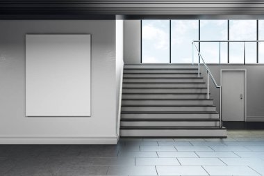 Modern okul koridor iç duvar boş posteri ile. Reklam kavramı. Alay etmek yukarıya, 3d render 