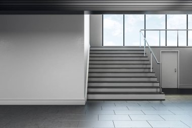 Minimalist beton okul koridor iç kopya alanı duvar, merdiven ve gökyüzü görünümü ve gün ışığı ile pencere ile. Alay etmek yukarıya, 3d render 