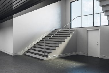 Beyaz beton okul koridor iç kopya alanı duvar, merdiven ve gökyüzü görünümü ve gün ışığı ile pencere ile. Alay etmek yukarıya, 3d render 
