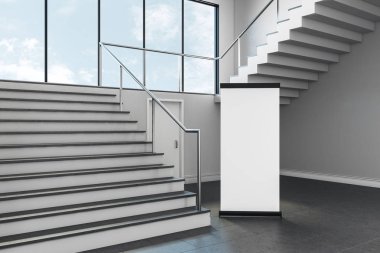 Modern okul koridor iç duvar boş stand ile. Reklam kavramı. Alay etmek yukarıya, 3d render 