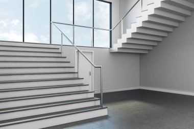 Gökyüzü manzaralı modern iç merdiven kapatın. Başarı ve büyüme kavramı. 3D render 
