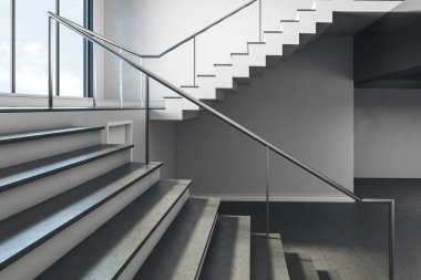 Gökyüzü görünümü ile beton iç merdiven kapatın. Başarı ve büyüme kavramı. 3D render 