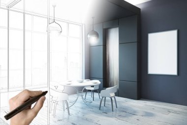 El boş posteri ile modern yemek odası iç kroki çizimi. Plan, proje ve mimari konsepti. 3D render 