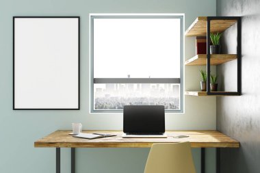 Modern dizüstü, Şehir Manzaralı Oda boş poster işyerinde önden görünümü. Alay etmek yukarıya, 3d render 