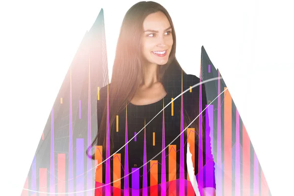 Portrait Attractive Young European Businesswoman Abstract City Background Forex Chart — Stock Photo, Image