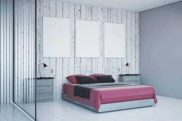 现代白色卧室内部空的广告牌在墙上 设计和生活方式的概念 — 图库照片