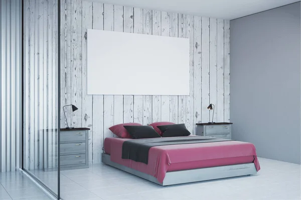 当代白色卧室内部空海报墙上 设计和生活方式的概念 — 图库照片