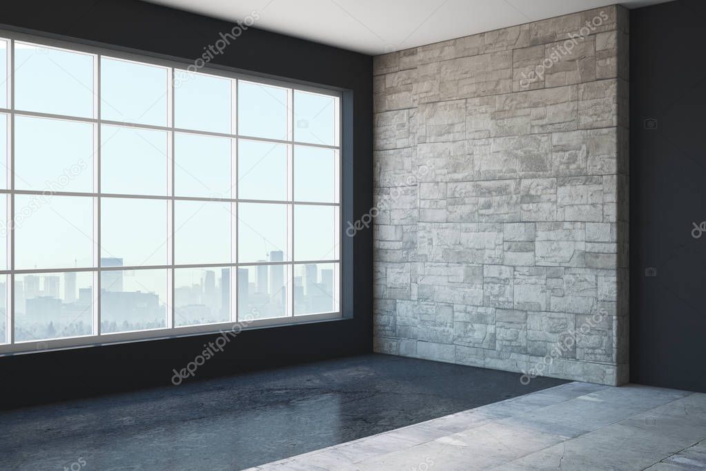 Modern unfurnished interior with ad space and panoramic city view. Advertisement concept. Mock up, 3D Rendering 