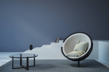 Modern oturma odası iç duvar üzerinde mobilya, merdiven ve kopya alanı ile. Alay etmek yukarıya, 3d render 