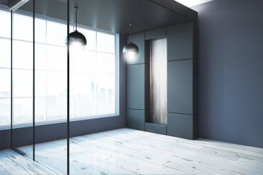 Şehir manzaralı ve lambalar ile modern mobilyasız cam iç. Yan görünümü. 3D render 