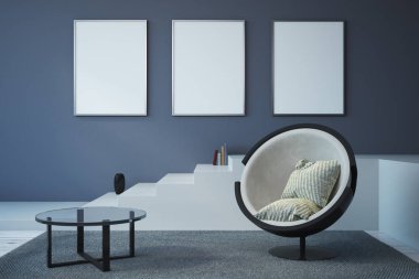 Modern oturma odası iç mobilya, merdiven ve duvar boş afiş. Alay etmek yukarıya, 3d render 