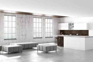 Beyaz çatı katı mutfak iç mobilya, ev aletleri, şehir manzaralı ve gün ışığı. Yan görünümü. 3D render 