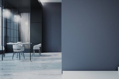 Çağdaş yemek odası iç mobilya, şehir manzaralı, gün ışığı ve boşaltmak duvar. Alay etmek yukarıya, 3d render 