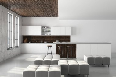 Yeni çatı katı mutfak iç mobilya, ev aletleri, şehir manzaralı ve gün ışığı. Yan görünümü. 3D render 