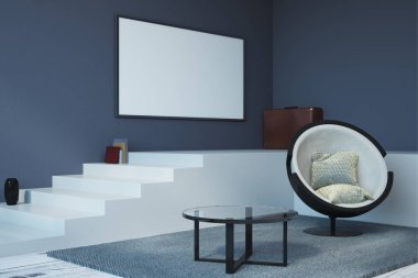 Modern oturma odası iç mobilya, merdiven ve duvar üzerinde boş billboard. Alay etmek yukarıya, 3d render 