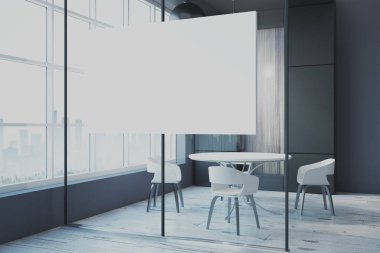 Modern yemek odası iç mobilya, şehir manzaralı, gün ışığı ve boş poster duvara. Alay etmek yukarıya, 3d render 