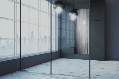 Şehir manzaralı ve lambalar ile çağdaş mobilyasız cam iç. Yan görünümü. 3D render 