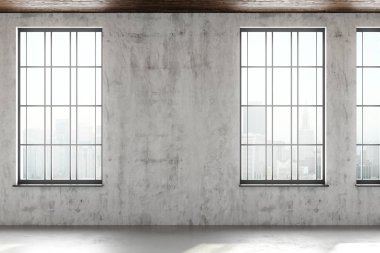 Çağdaş iç duvar, windows ve bulanık şehir manzaralı kopya alanı ile. Alay etmek yukarıya, 3d render 