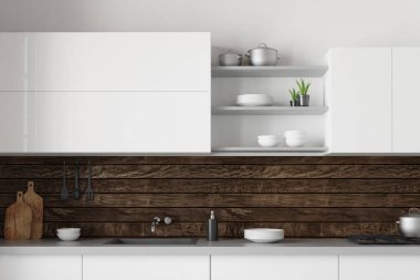 Modern beyaz mutfak iç kopya alanı, mobilya, sayaçlar, aletleri ve mutfak eşyaları. Alay etmek yukarıya, 3d render 