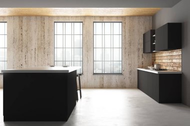 Modern beton mutfak iç şehir görünümü, gün ışığı ve Kopyala alanına sahip. Reklam ve stil kavramı. Alay etmek yukarıya, 3d render 