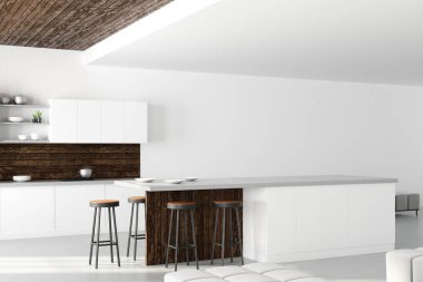 Loft beyaz mutfak iç kopya alanı, mobilya, sayaçlar, aletleri ve mutfak eşyaları. Alay etmek yukarıya, 3d render 