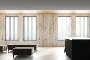 Çağdaş beton mutfak iç şehir görünümü, gün ışığı ve Kopyala alanına sahip. Reklam ve stil kavramı. Alay etmek yukarıya, 3d render 