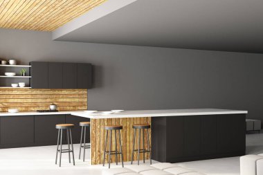 Çağdaş mutfak iç kopya alanı, mobilya, sayaçlar, aletleri ve mutfak eşyaları. Alay etmek yukarıya, 3d render 