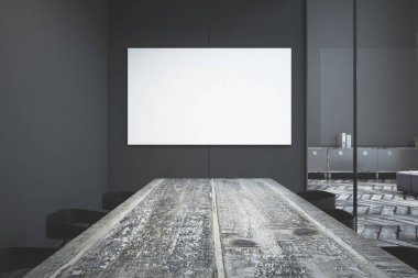 Cam duvar üzerinde boş billboard modern toplantı salonu. Sunu kavramı. Alay etmek yukarıya, 3d render 