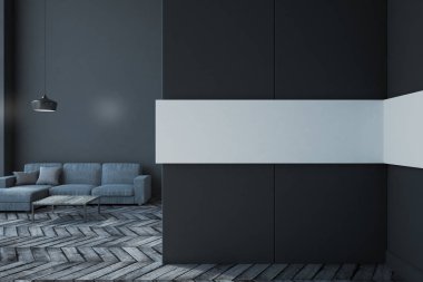 Modern oturma odası iç boş posteri ile. Alay etmek yukarıya, 3d render 