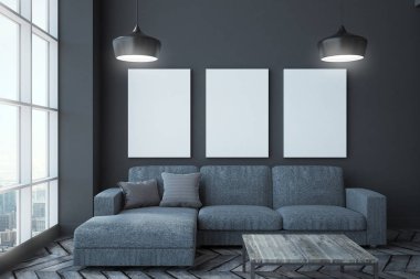 Modern oturma odası iç panoramik şehir manzaralı, kanepe, Masa, lambalar ve poster duvara. Alay etmek yukarıya, 3d render 