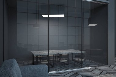 Çağdaş toplantı ile cam duvar iç oda. İşyeri ve seminer kavramı. 3D render 