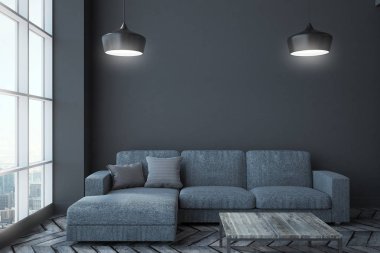 Modern oturma odası iç duvar üzerinde panoramik kent görünümü, kanepe, Masa, lambalar ve kopya alanı ile. Alay etmek yukarıya, 3d render 