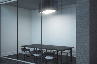 Çağdaş yatılı oda iç cam duvar ile. İşyeri ve seminer kavramı. 3D render 