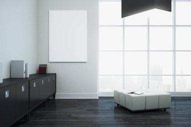 Mobilya, duvar ve şehir görünümünde boş poster ile çağdaş ofis iç. Alay etmek yukarıya, 3d render 