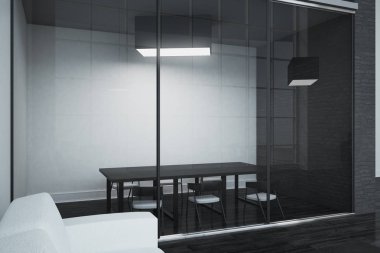Çağdaş konferans odası iç cam duvar ile. İşyeri ve seminer kavramı. 3D render 