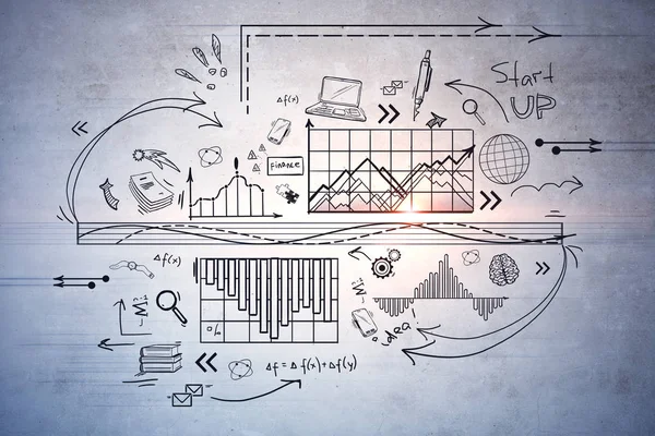 Beton duvar arka plan üzerinde yaratıcı iş kroki. Bilim ve eğitim kavramı