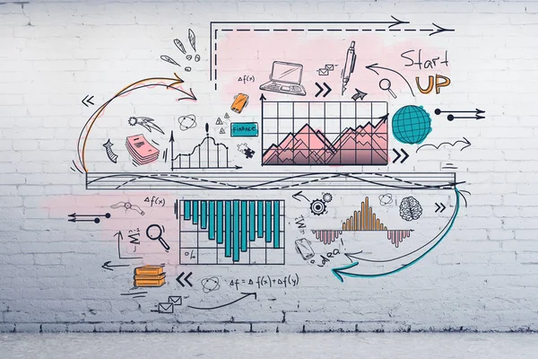 Tuğla duvar arka plan üzerinde yaratıcı iş kroki. Bilim ve planı kavramı