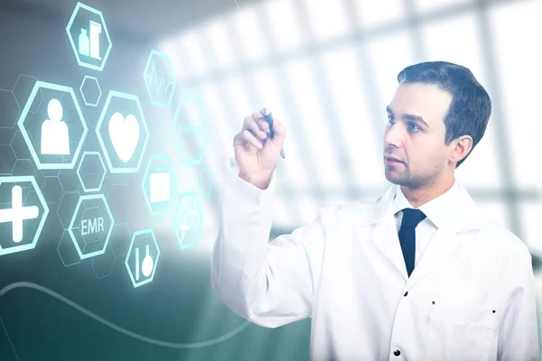 Focused European Male Doctor Glowing Interface Blurry Interior Medicine Science — Stock Photo, Image