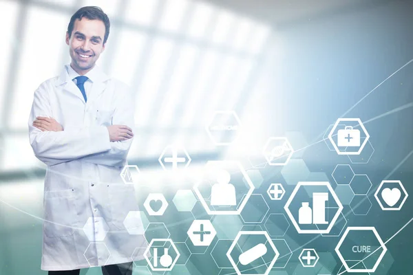 Handsome European Male Doctor Glowing Interface Blurry Interior Medicine Science — Stock Photo, Image