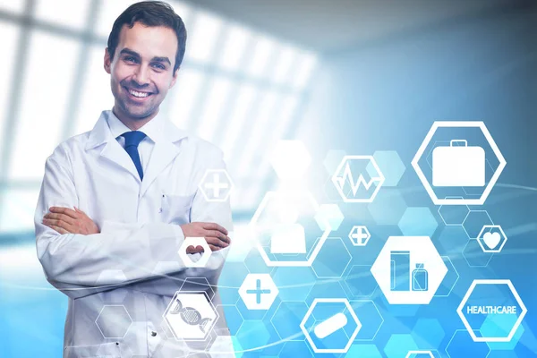 Smiling European Male Doctor Glowing Interface Blurry Interior Medicine Science — Stock Photo, Image