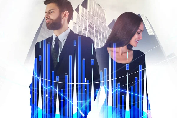 Çekici Avrupa işadamı ve forex grafik soyut şehir zemin üzerine kadın. Takım çalışması ve ekonomi kavramı. Çift Pozlama 