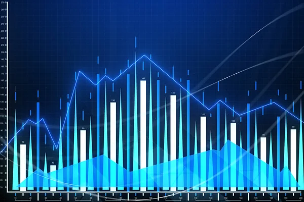 Parlak mavi forex grafik arka planı. Blockchain, AI ve pazarlama kavramı. 3D render 