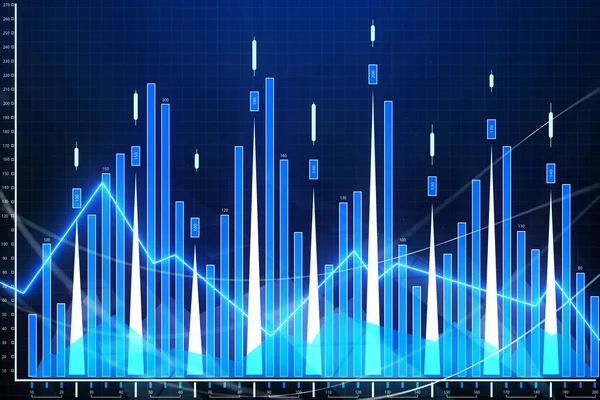 Parlak mavi forex grafik arka planı. Blockchain, AI ve broker kavramı. 3D render 