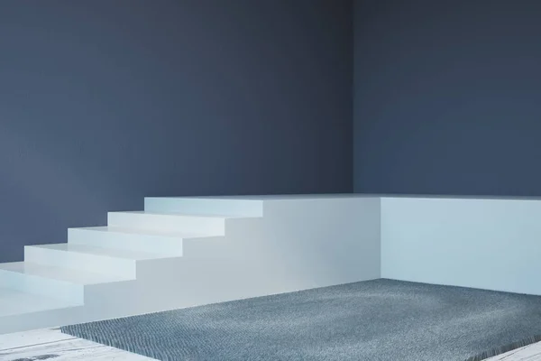 Modern interior with white stairs, carpet and empty wall. Mock up, 3D Rendering