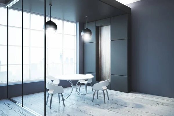 Moderna Sala Jantar Interior Com Mobiliário Vista Para Cidade Luz — Fotografia de Stock