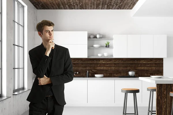 Knappe Doordachte Jonge Europese Zakenman Permanent Witte Loft Keuken Interieur — Stockfoto