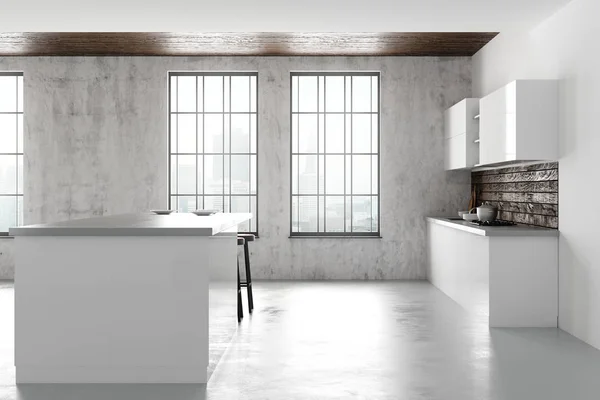 Interior Cozinha Concreto Branco Com Vista Para Cidade Luz Dia — Fotografia de Stock