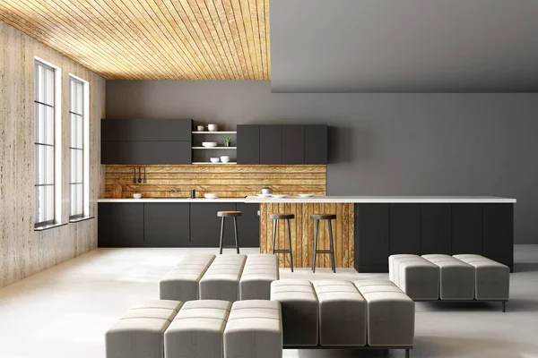 Çağdaş çatı katı mutfak iç mobilya, ev aletleri, şehir manzaralı ve gün ışığı. Yan görünümü. 3D render 