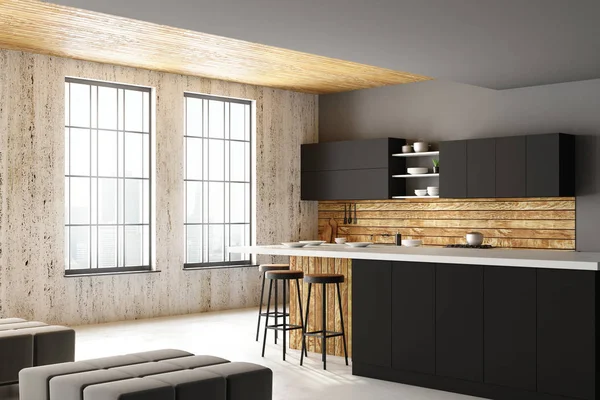 Temiz çatı katı mutfak iç mobilya, ev aletleri, şehir manzaralı ve gün ışığı. Yan görünümü. 3D render 