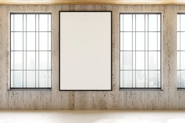 Interior Moderno Con Póster Vacío Pared Ventanas Vistas Borrosas Ciudad — Foto de Stock